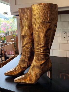 Sam Edelman Leather Wide Calf Gold Snake-Print Knee High Boots